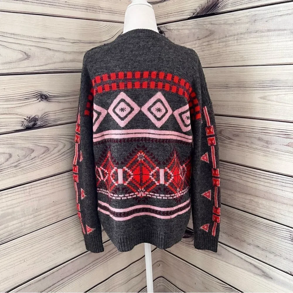 J. Crew Grey & Pink Patterned Wool Crewneck Sweater